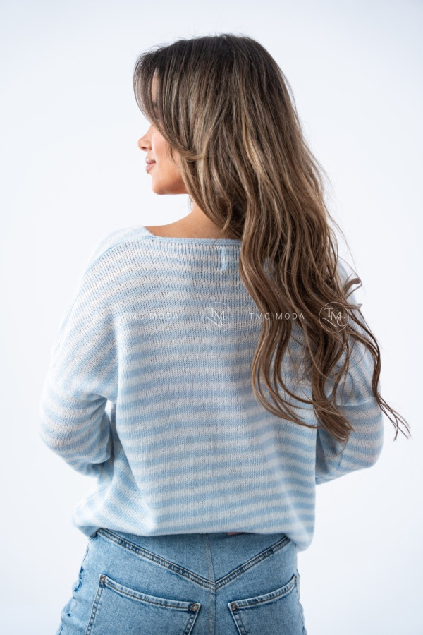 SWETER SOFT W PASKI BŁĘKITNY/BIAŁY 1