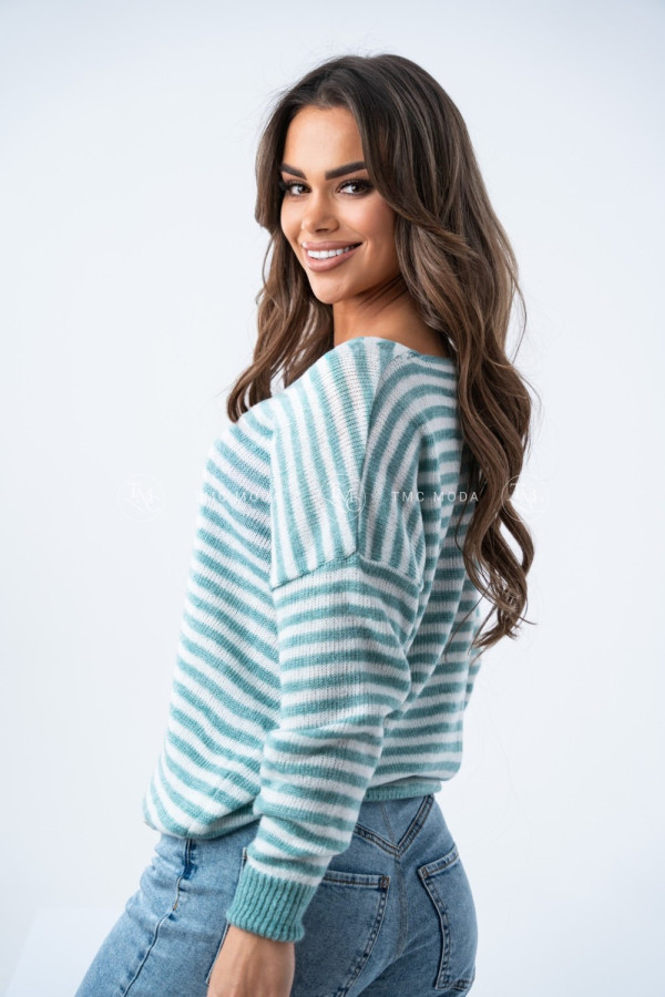 SWETER SOFT W PASKI CIEMNY MIĘTOWY/BIAŁY 1