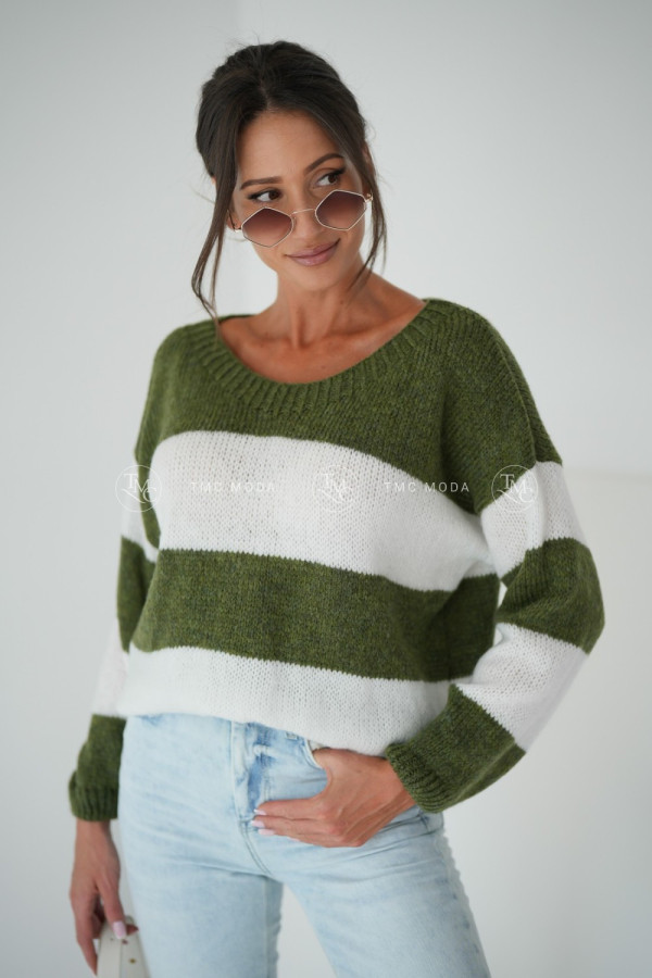 SWETER MEGI STRIPES KHAKI/BIAŁY