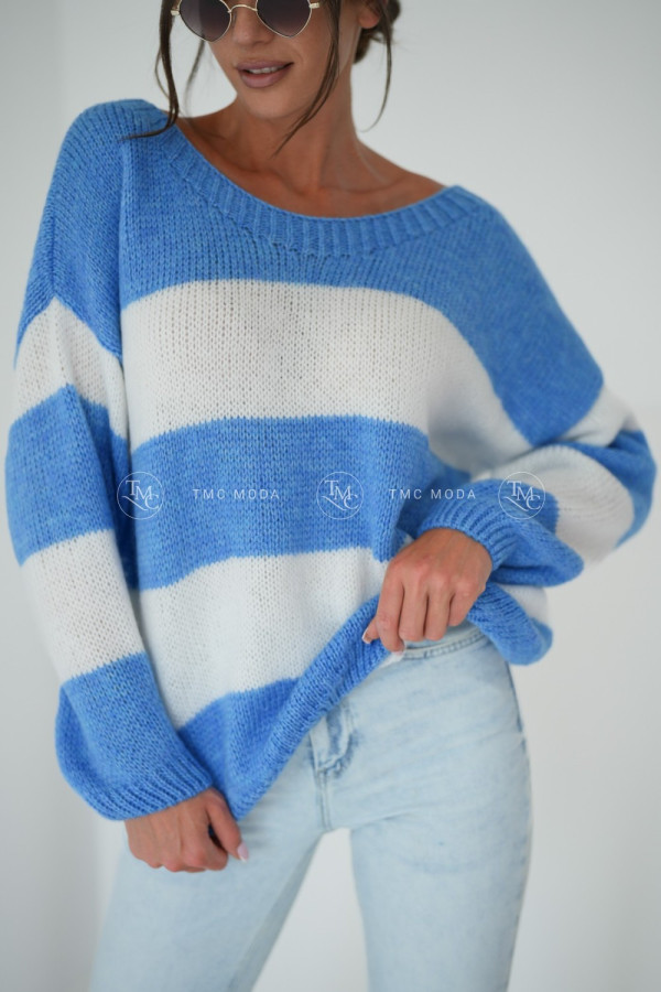 SWETER MEGI STRIPES JEANS/BIAŁY