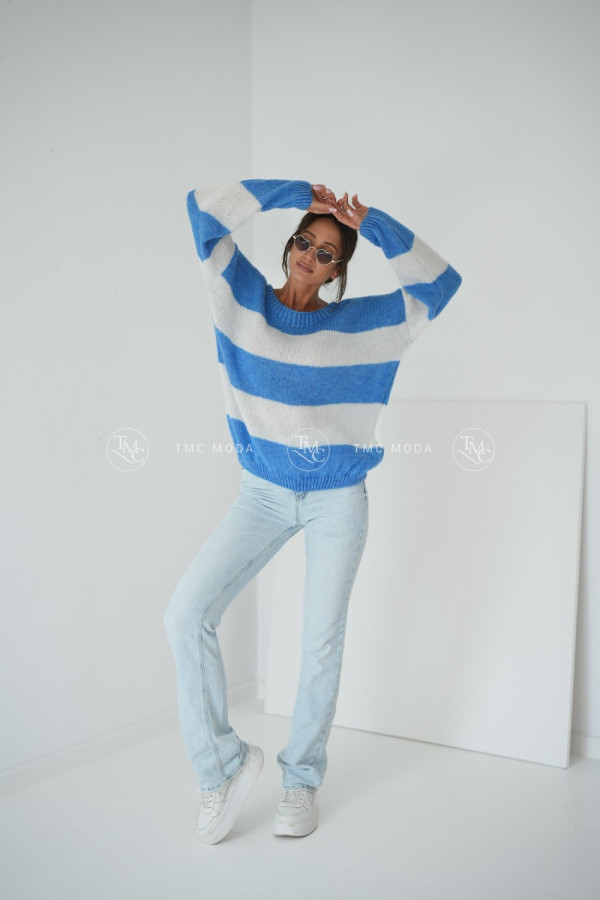 SWETER MEGI STRIPES JEANS/BIAŁY 1