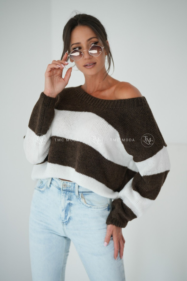 SWETER MEGI STRIPES CHOCO/BIAŁY