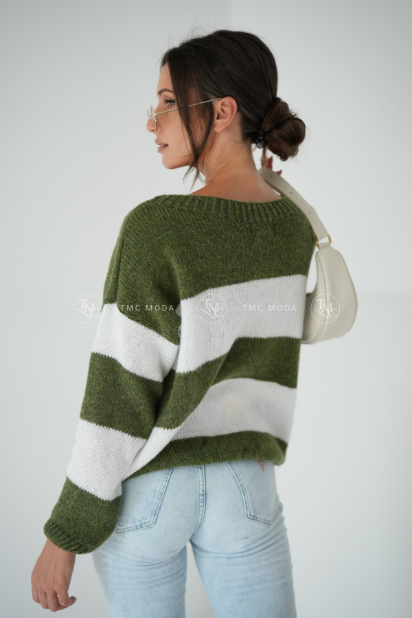 SWETER MEGI STRIPES KHAKI/BIAŁY 2