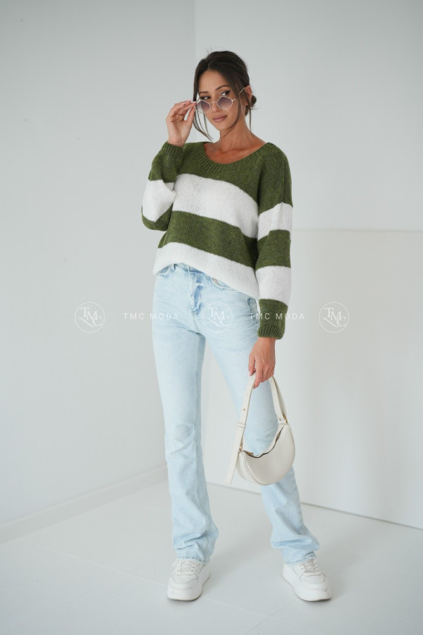 SWETER MEGI STRIPES KHAKI/BIAŁY 1