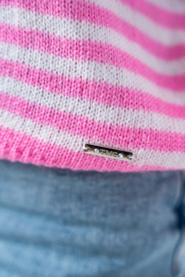 SWETER SOFT W PASKI RÓŻOWY/BIAŁY 2